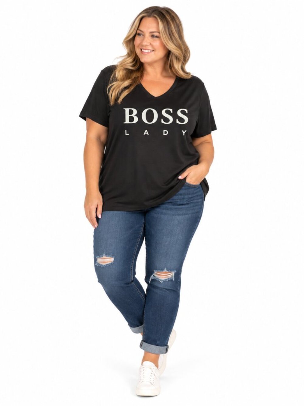 Boss Lady Graphic Tee Womens 3X Black V Neck Plus Size Oversized T Shirt